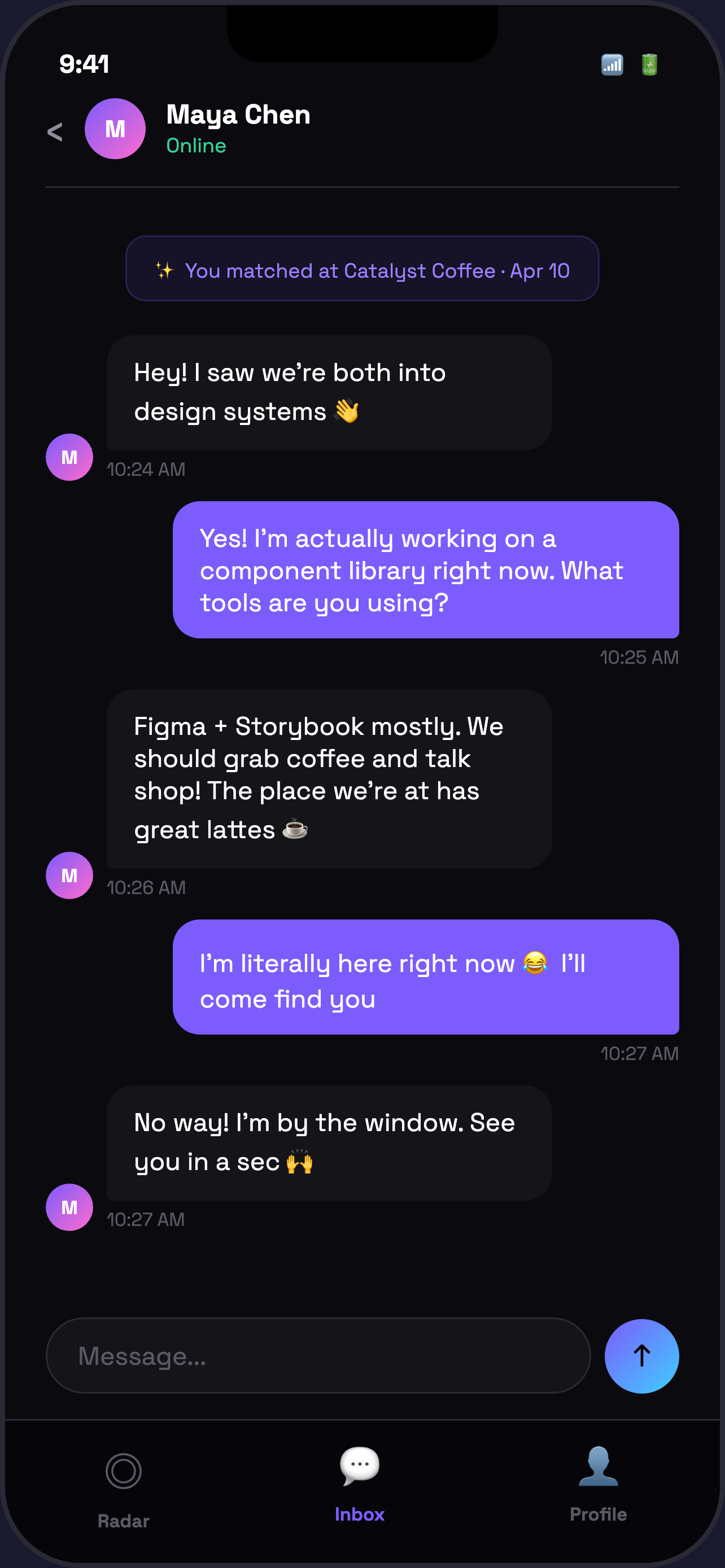 Proxxi message thread after a nearby match